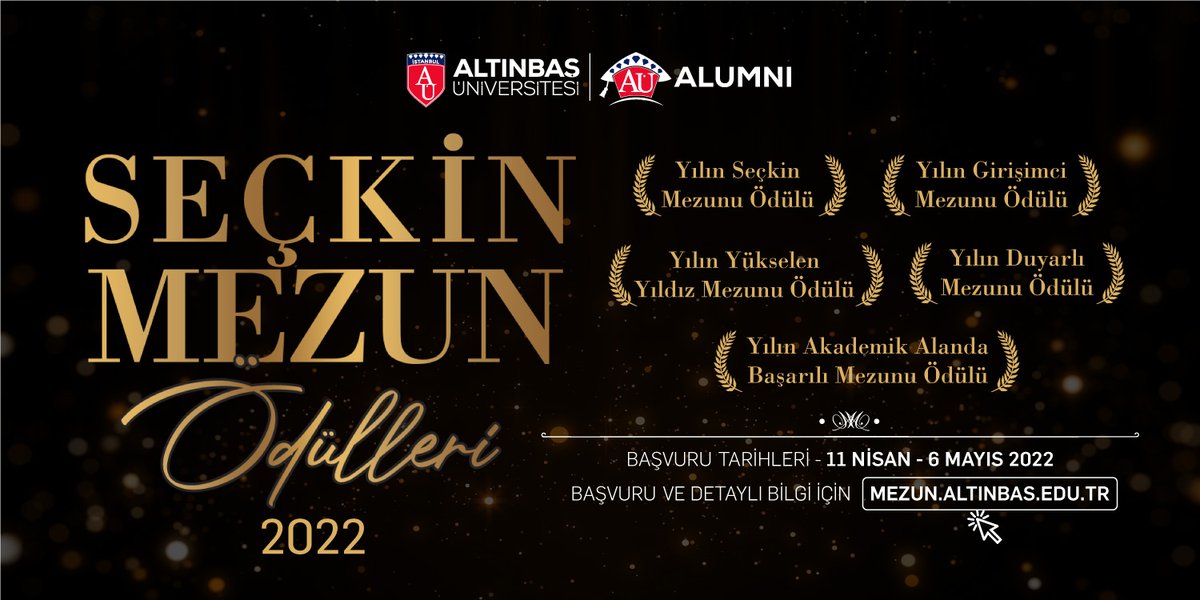 altinbasalumni's tweet photo. Kazanan mezunlarımızın ödülleri (altın rozet, plaket, berat) her yıl üniversitemizin kuruluş yıldönümü töreninde takdim edilecektir.
2022 yılı Seçkin Mezun Ödüllerine başvurmak veya aday göstermek için Web sitemiz üzerinden formu doldurup detaylar hakkında bilgi alabilirsiniz. https://t.co/r1O8Qk5mvz