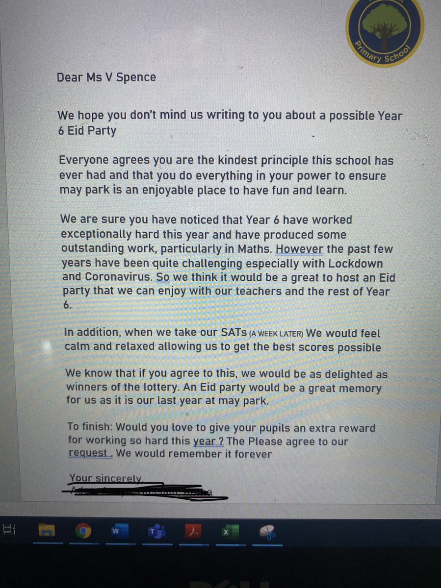 Going through my emails only to find a wonderful letter from my Year 6s. Complete with flattery for the Principal (not the rule)! I am persuaded! How about you? 🤩 @ExcaliburAT @MayParkPri #pupilleadership