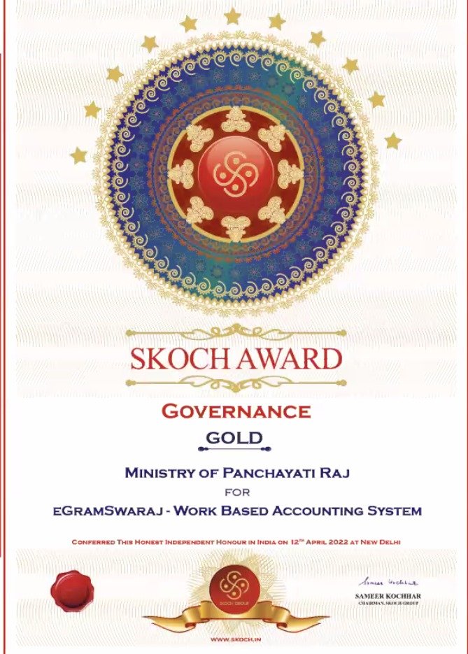 mopr_goi's tweet photo. The prestigious #SKOCH GOLD Award under #GOVERNANCE category has been awarded to Ministry of Panchayati Raj for eGramSwaraj – Work Based Accounting System.

eGramSwaraj aims to bring in better transparency in the decentralised planning, progress reporting &amp; work-based accounting. https://t.co/ottelCCQI7