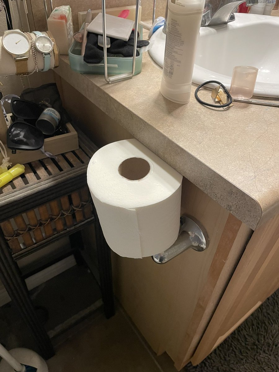 Dweaver83's tweet photo. I’ve seen many people debate whether the toilet paper roll should feed over or under (should be over!) But this is how my fiancé @Taelar_Jean has consistently decided to avoid the debate entirely for the last 4 years 😂😂 https://t.co/7mgTRBDzic