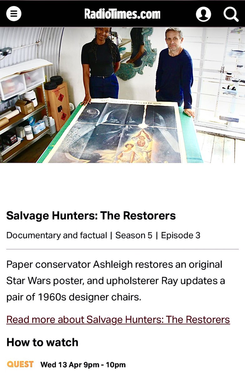 A long time ago in a galaxy far far away (well, last year in Battersea actually) a gorgeous original Star Wars poster was brought back from the brink, watch the transformation tonight on Quest at 9pm @TedEdley and @Rayclarke72 also working their magic. #salvagehunterstherestorers