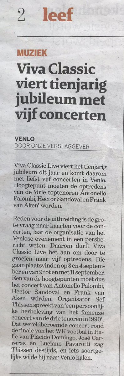 10 jaar <a href="/vivaclassiclive/">Viva Classic Live</a> 
3, 4, 9, 10 en 11 September
Ben jij erbij?

Kaarten via: <a href="/MaaspoortVenlo/">Maaspoort</a>