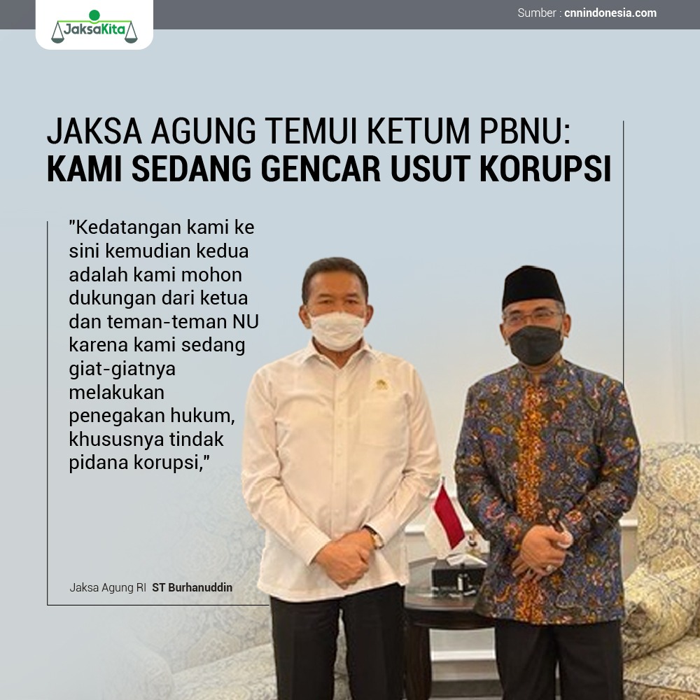 Jaksa Agung Republik Indonesia, Sanitiar Burhanuddin menemui Ketua Umum PBNU Yahya Cholil Staquf pada Selasa (12/4). Dalam pertemuan, Burhanuddin mengaku tengah gencar mengusut kasus korupsi.

cnnindonesia.com/nasional/20220…