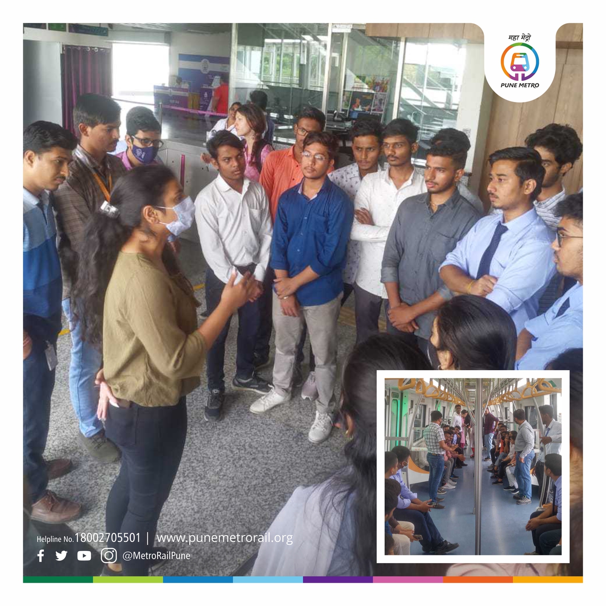 metrorailpune's tweet photo. कॉलेज ऑफ इंजिनीअरिंग पुणे च्या विद्यार्थ्यांनी #पुणेमेट्रो #रिच१ च्या फुगेवाडी मेट्रो स्थानक येथे अनुभवात्मक आणि शैक्षणिक दौरा केला.
मेट्रोच्या अधिकाऱ्यांनी त्यांना प्रकल्पाची माहिती दिली.
#AaliApliMetro #FirstRideInMetro https://t.co/pQQvCl455S