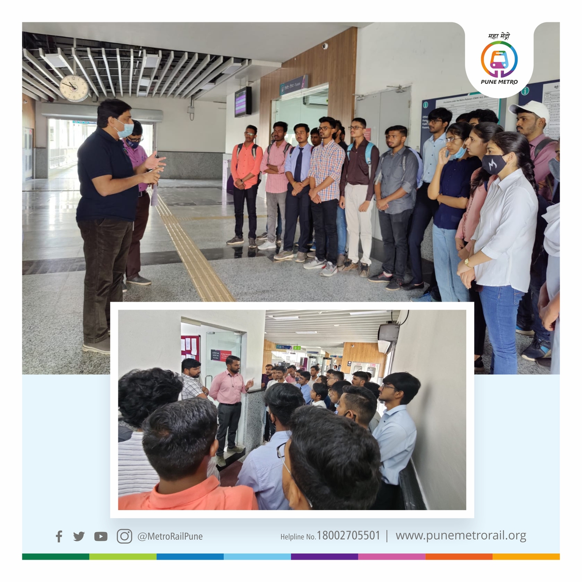 metrorailpune's tweet photo. कॉलेज ऑफ इंजिनीअरिंग पुणे च्या विद्यार्थ्यांनी #पुणेमेट्रो #रिच१ च्या फुगेवाडी मेट्रो स्थानक येथे अनुभवात्मक आणि शैक्षणिक दौरा केला.
मेट्रोच्या अधिकाऱ्यांनी त्यांना प्रकल्पाची माहिती दिली.
#AaliApliMetro #FirstRideInMetro https://t.co/pQQvCl455S
