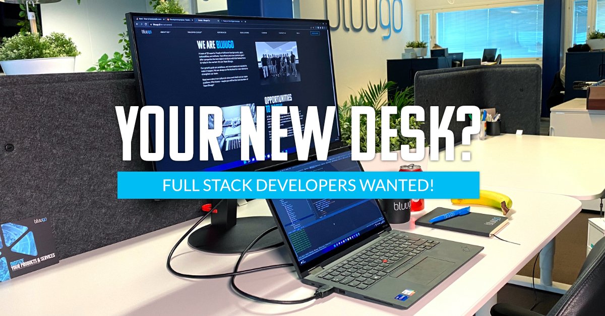 Developer! Are you looking for new opportunities? We got plenty here at Bluugo!

We are currently looking for several Full Stack Developers to join our technical team in either Vantaa or Pori. Read more and apply by April 24th: bluugo.fi/en-us/blog/ope…

#developerjobs #ITjobs