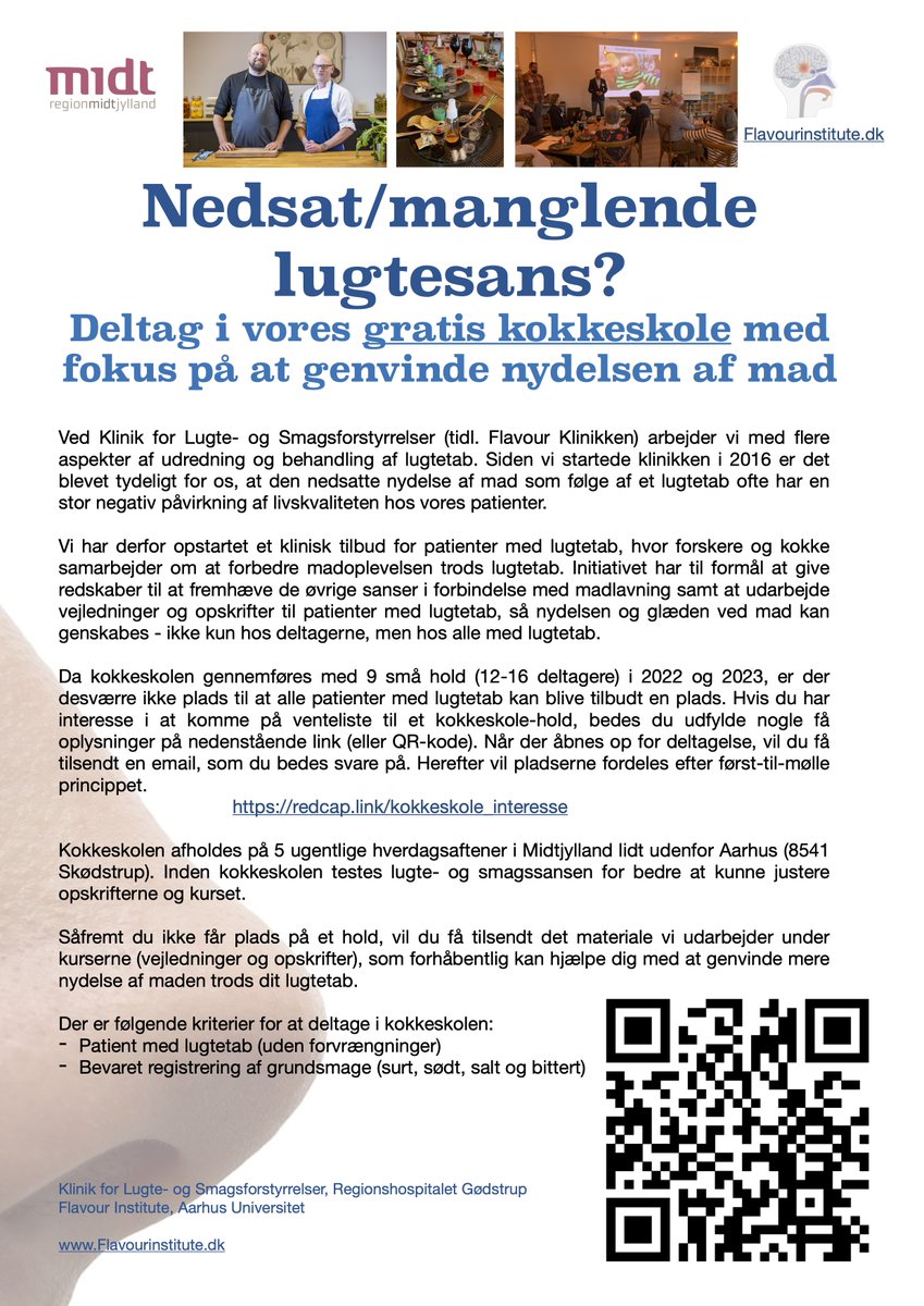 Tab af lugtesansen koster på livskvaliteten - især bliver nydelse af mad og lysten til madlavning ofte reduceret. 

Derfor har vi ved Klinik for Lugte- og Smagsforstyrrelser  etableret gratis kokkeskoler for patienter med lugtetab med Rasmus Bredahl og Christian Bøjlund.