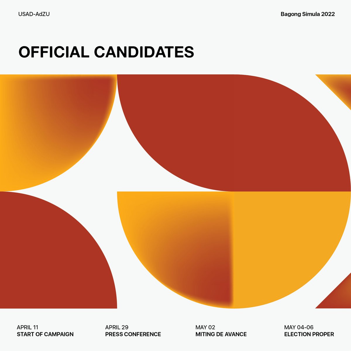 USADAdZU's tweet photo. Meet the official candidates running under the Union of Students for the Advancement of Democracy (USAD AdZU)!
Mga Atenista, samahan natin sila patungo sa Bagong Simula!
#StandWithUSAD
#BagongSImula
#BagongSImula2022 https://t.co/whLro8eKXr