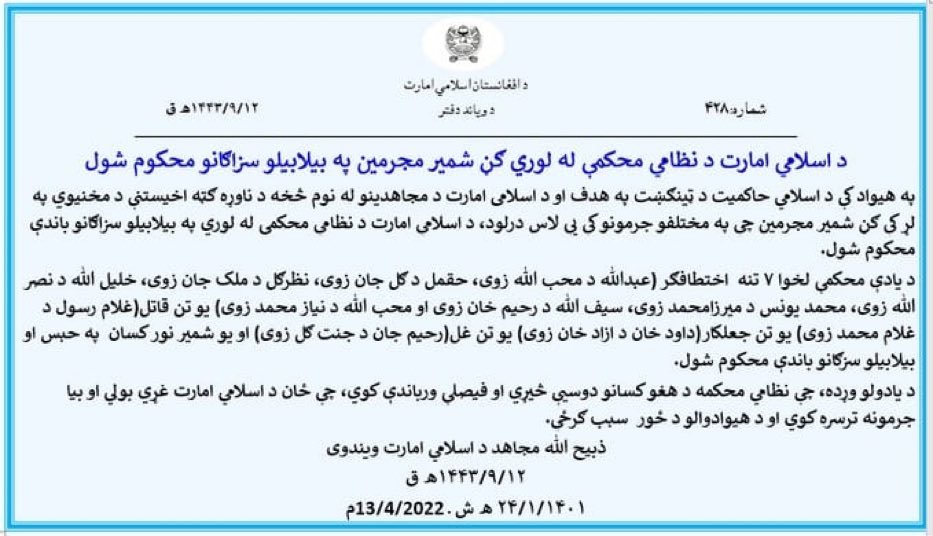 In what appears to be a response to the #NYT piece regarding violation of #amnesty by #Taliban in #Afghanistan , spokesperson Zabihullah Mujahid in a press release has claimed that 7 Taliban members have been convicted by their courts. 1/