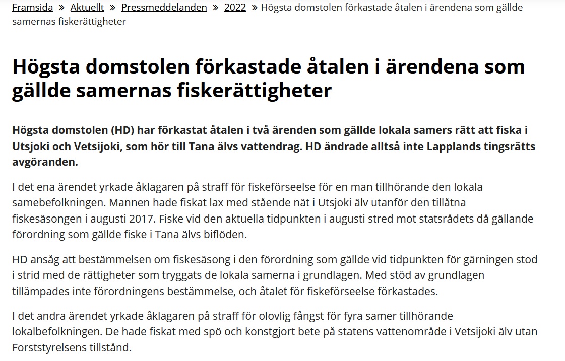 Stor dag!! Högsta domstolen förkastade åtalen i ärendena som gällde samernas fiskerättigheter

Pressmeddelanden: korkeinoikeus.fi/sv/index/ajank…

Avgörandet HD 2022:25 korkeinoikeus.fi/sv/index/ennak…
Avgörandet HD 2022:26 korkeinoikeus.fi/sv/index/ennak…