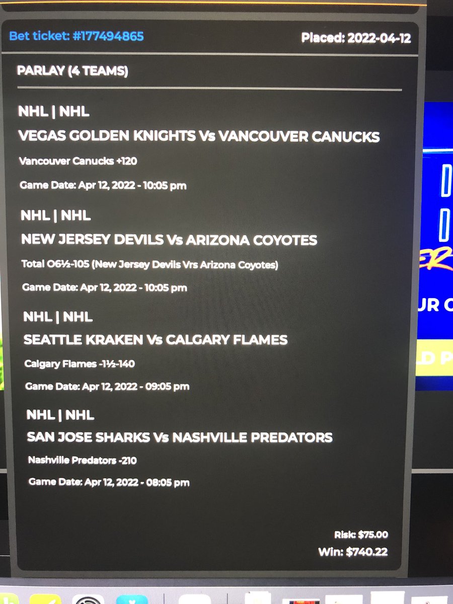 RainmanNHL's tweet photo. The 4 Teamer that Hit! #latenightsweat Shoutout to the @NHLFlames, @PredsNHL & the @Canucks for showing some serious grit & heart! #NHL #Letsgo #oversclub For those that tailed, Bigtruss! #CashIt โ
๐ฐ https://t.co/GlXuA33ety