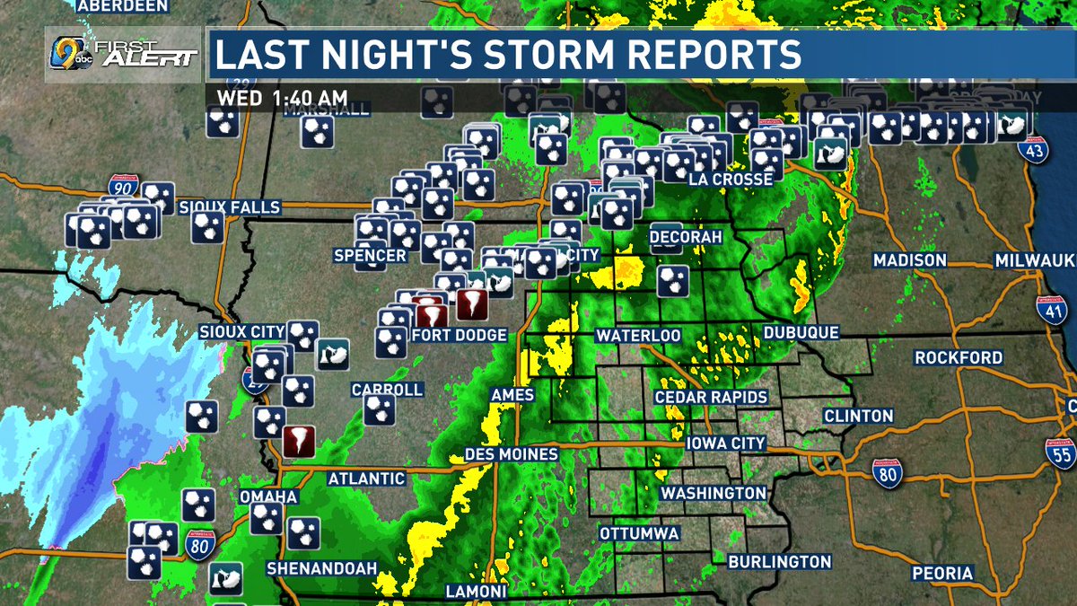 Latest radar continues to show a general weakening trend to the Iowa storms as they've crossed I-35. These will continue to move east with 40-50mph wind as they weaken. Much of the severe weather was located in central/western Iowa as well as southern Minnesota. https://t.co/NnkpUsF19J
