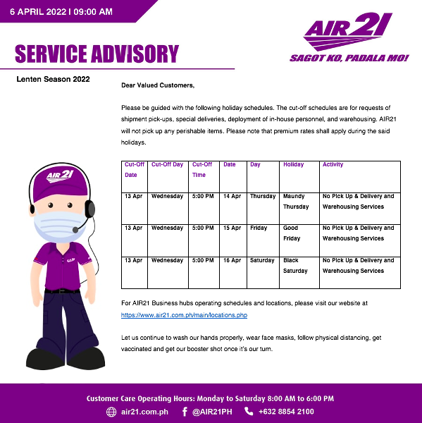 AIR21PH's tweet photo. AIR21 Service Advisory
Lenten Season 2022

#HolyweekPH
#MahalNaAraw2022
#AIR21
#LogisticsPH
#DoorToDoorDelivery https://t.co/e2rHaYwQqP