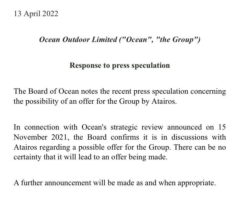 Ocean Outdoor, the U.K advertising firm, has confirmed <a href="/Mergermarket/">Mergermarket</a> and <a href="/Dealreporter/">Dealreporter</a>’s story from yesterday that it is in discussions with Atairos over a buyout. Story w/ <a href="/AmyJoCrowley1/">Amy-Jo Crowley</a> <a href="/rngould/">Ryan Gould</a>