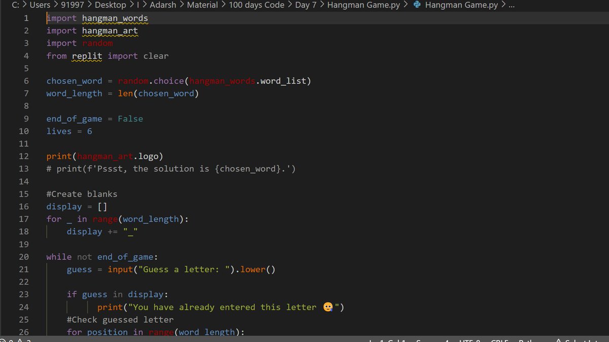 30d100aa533b4fa's tweet photo. Day 110
Making word guessing (Hangman) game completed
@scaler_official
@interview_bit
#scalerdiscord #scaler #everycode https://t.co/PKOqwoTom3