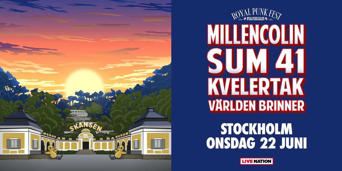 Millencolin firar 30 år med Royal Punk Fest – Millencolin 30th Anniversary tillsammans med gästerna Sum 41, Kvelertak, Världen Brinner - Skansen i Stockholm den 22 juni! 

Biljettsläpp 19 april 09:00 via https://t.co/KuihFAVnZg https://t.co/0PoHMs9ELU