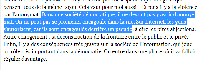 gchampeau's tweet photo. Est-ce qu'il faut comprendre de ce passage dans l'interview d'Emmanuel Macron dans Le Point qu'il veut interdire les pseudonymes sur les réseaux sociaux ? https://t.co/dYIRg8nIrU https://t.co/dnX4ZJdz5P
