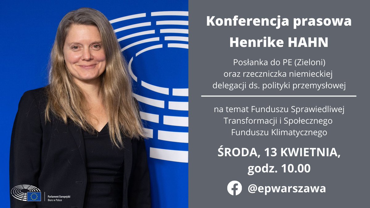 Już o 10.00 zapraszamy na konferencję prasową posłanki do PE @henrikehahn nt. #FunduszSprawiedliwejTransformacji i Społecznego Funduszu Klimatycznego.

Transmisja NA ŻYWO w jęz. angielskim na naszej stronie na FB: 👉 eptwitter.eu/q6MF

Szczegóły: 👉 eptwitter.eu/q6ME
