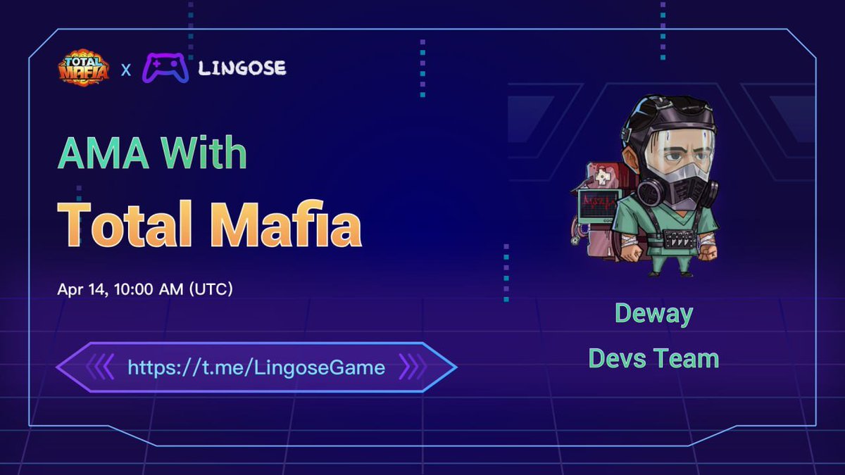 LingoseGame's tweet photo. 📢Finally! !🥳🥳🥳

We are officially announcing our First #AMA with 
@TotalMafiaGame 

📍https://t.co/ruPdl66YC9
⏰14 April 2022, 10:00 AM (UTC)
🎁5 Exclusive NFT #NFTs 

1⃣ Follow us &amp; TotalMafia
2⃣ Like, RT &amp; Tag 3 friends
3⃣ Comment with your BEP20 Wallet Address https://t.co/qRm6QFyIKB