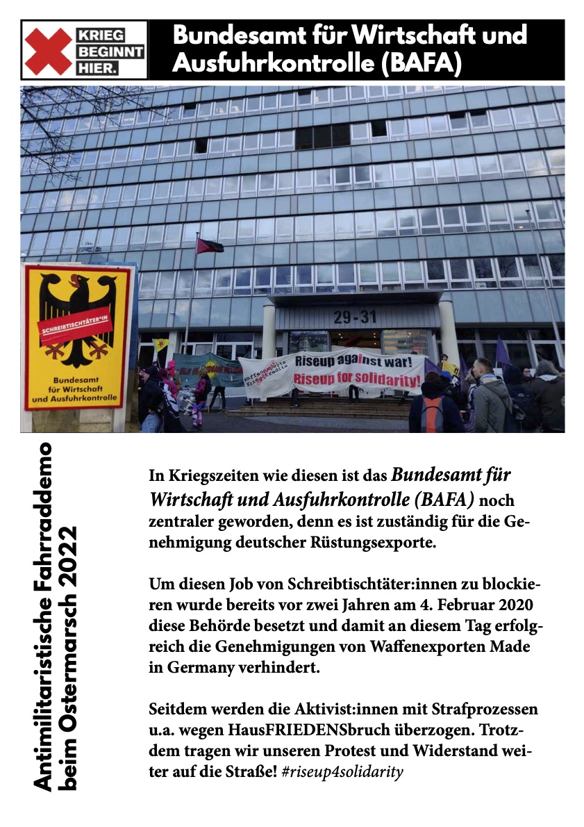 Start + Station 1 der antimilitaristischen Raddemo #ostermarsch #frankfurt ist das #BAFA in Eschborn - 18.04.22, 10:30 Uhr: Die Waffen nieder! Stoppt den Krieg in der Ukraine! Gegen Krieg und Militarisierung 
#warstartshere #riseupagainstwar #riseup4solidarity @REntwaffnen