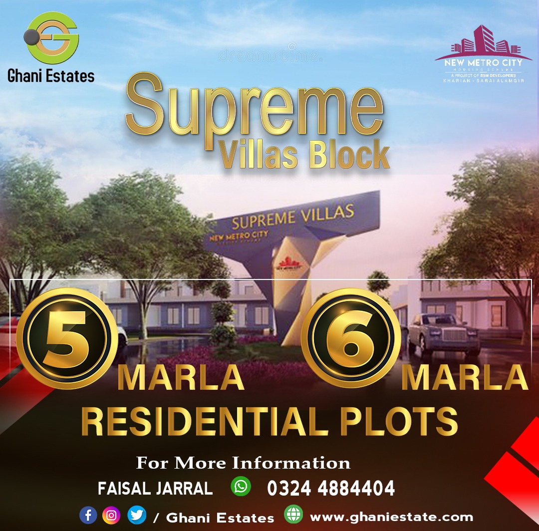GhaniEstates's tweet photo. Ghani Estates Brings You a Great Investment Opportunity in New Metro City Housing (Sarai Alamgir) 
Limited 5 &amp; 6 Marla Residential Plots in Front of 100 Villas Community of Supreme Villas Block!
Hurry Up Grab this Opportunity 
Contact us!
UAN 
0349-1234444 https://t.co/5ZNDGKNqHl