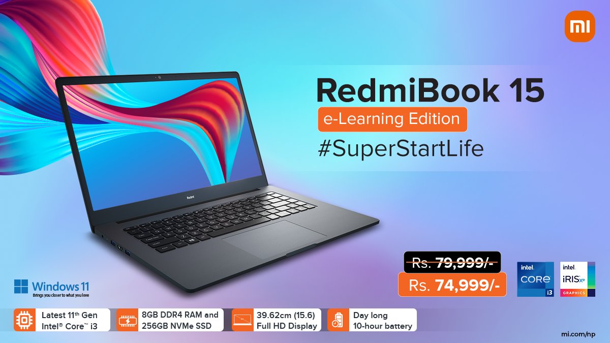 XiaomiNepal's tweet photo. RedmiBook e-Learning Edition is the perfect laptop for learners - whether they are school-going students or college-going young adults who are into programming, engineering, architecture, etc.

#DDAY #Mi #MiIoT #MiNepal #MiEcoSystem #MiLaptop https://t.co/scNSPjIibM