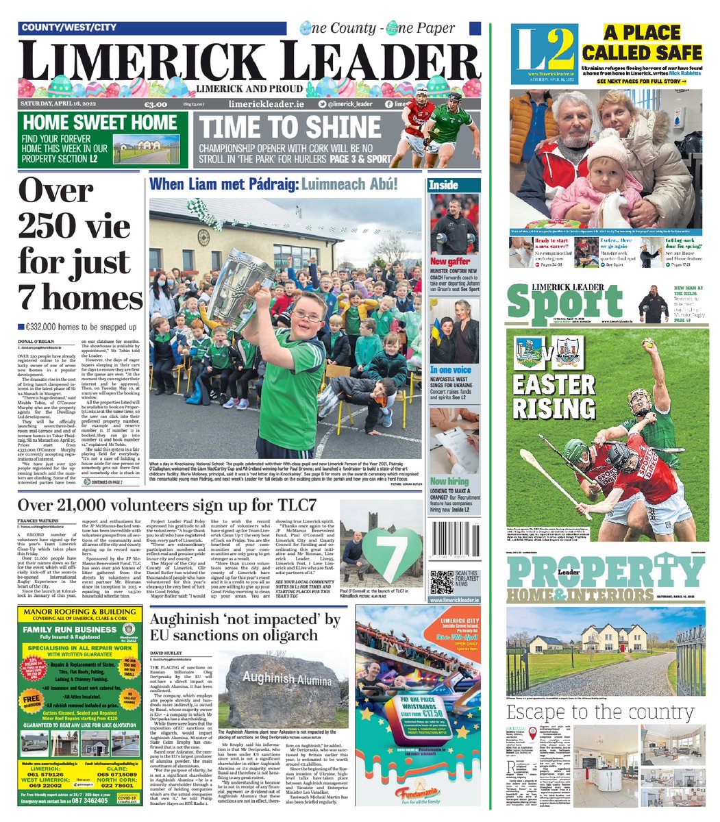 Limerick_Leader's tweet photo. It's Wednesday which means this week's Limerick Leader🗞️is on sale NOW! #LimerickPersonofTheYear @Paudcast_ie features on the front page and we look ahead to @TLC_Limerick and the Munster Hurling clash of @LimerickCLG & @OfficialCorkGAA - in shops and online | #OneCountyOnepaper https://t.co/vyvSZ5tjfX