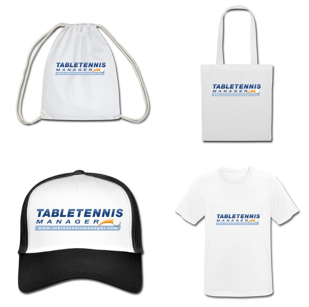 T-Shirts, Tassen, Taschen und vieles mehr jetzt mit dem Table Tennis Manager Logo kaufen und das Spiel unterstützen: tabletennismanager.myspreadshop.de