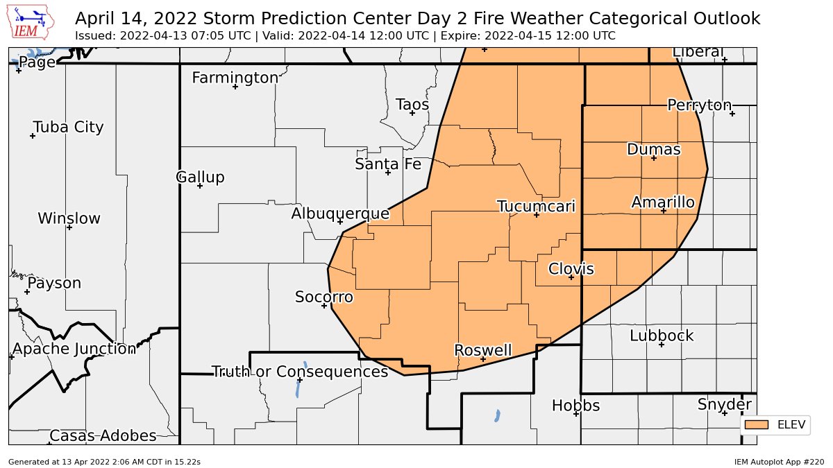 SPC issues Day 2 Elevated Fire Weather Risk at Apr 13, 7:05z for ABQ https://t.co/0O8KoDnDkA https://t.co/DNG2DuNU0g