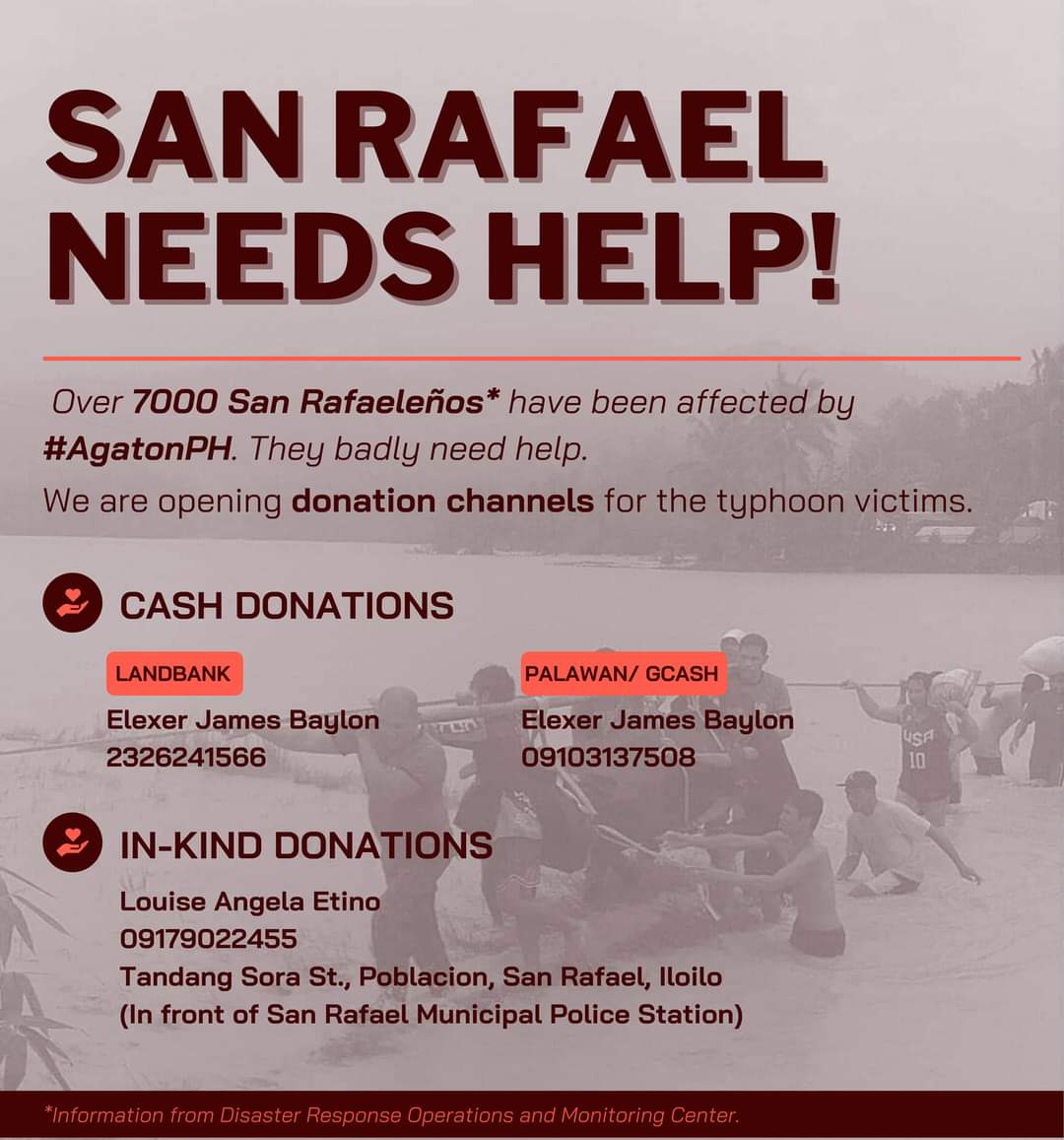 linnaelois's tweet image. 𝗖𝗔𝗟𝗟 𝗙𝗢𝗥 𝗗𝗢𝗡𝗔𝗧𝗜𝗢𝗡𝗦 📣‼️

San Rafael for LENI - KIKO is opening donation channels for #AgatonPH victims in San Rafael, Iloilo.

Please spread. Thank you.

#SanRafaelNeedsHelp
#NorthernIloiloNeedsHelp
#AgatonPH