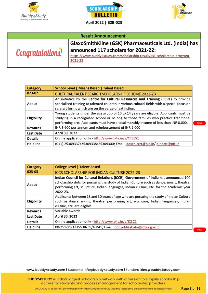Buddy4Study's tweet image. Buddy4Study Bulletin (April&apos;22 edition) with 22 current and curated scholarship information (eligibility, awards, application, deadline, website link)
Download PDF: b4s.in/a/apr22
#scholarshipopportunities
#scholarship