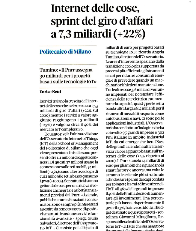 BDaigo's tweet photo. @infocamere: '🇮🇹In Italia presenti oltre 111 milioni di oggetti connessi.
🗞️#IoT sprint del giro d'affari a 7,3 milardi (+22%) su @sole24ore
#PNRR #datdriven @polimi @InnovazioneGov @CamCom_gov @SGInnovazione @Fond… https://t.co/yVC1j5Wczt, see more https://t.co/et1G3xBk4W