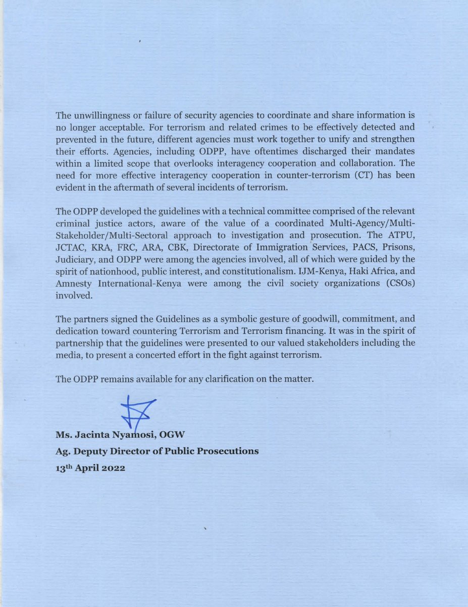 ODPP_KE's tweet photo. The Interagency Guidelines on Coordination, Cooperation, and Collaboration in the Investigation and Prosecution of Terrorism and Terrorism Financing that were launched yesterday are guided by teamwork
#HakiNaUsawa https://t.co/WOjZGqObUo