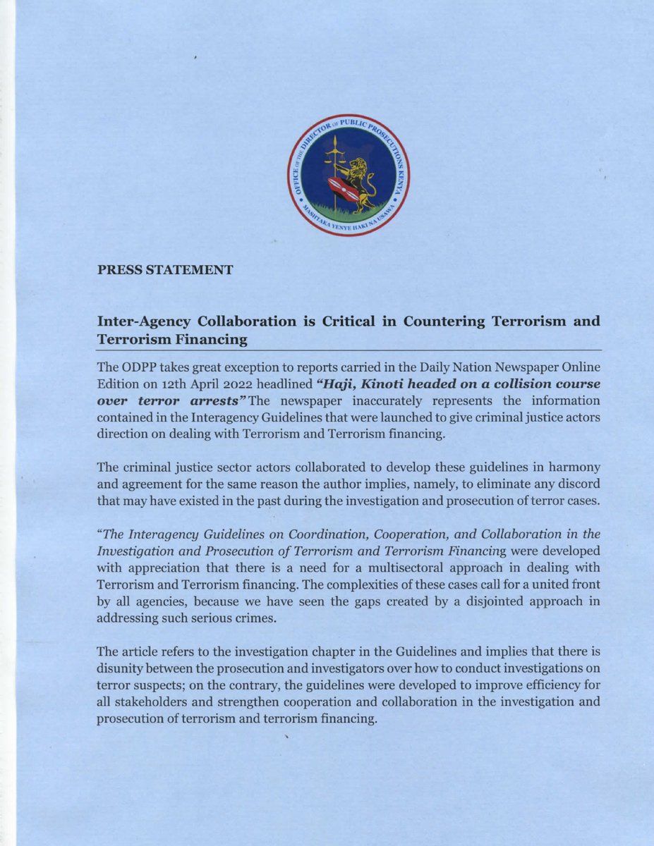ODPP_KE's tweet photo. The Interagency Guidelines on Coordination, Cooperation, and Collaboration in the Investigation and Prosecution of Terrorism and Terrorism Financing that were launched yesterday are guided by teamwork
#HakiNaUsawa https://t.co/WOjZGqObUo