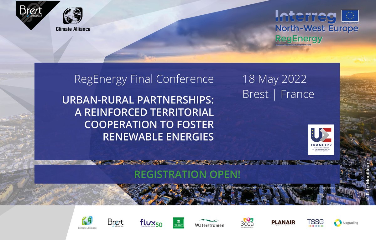 You haven´t heard of urban-rural partnerships for #renewableenergy? Time to change that! Visit our⚡Final Conference⚡with all #RegEnergy project partners &amp; many more. Get inspired!
📅 18 May | Brest (FR)
Infos &amp; registration 👉bit.ly/37gJl7U 
@BrestFr, <a href="/ClimateAlliance/">Climate Alliance</a>