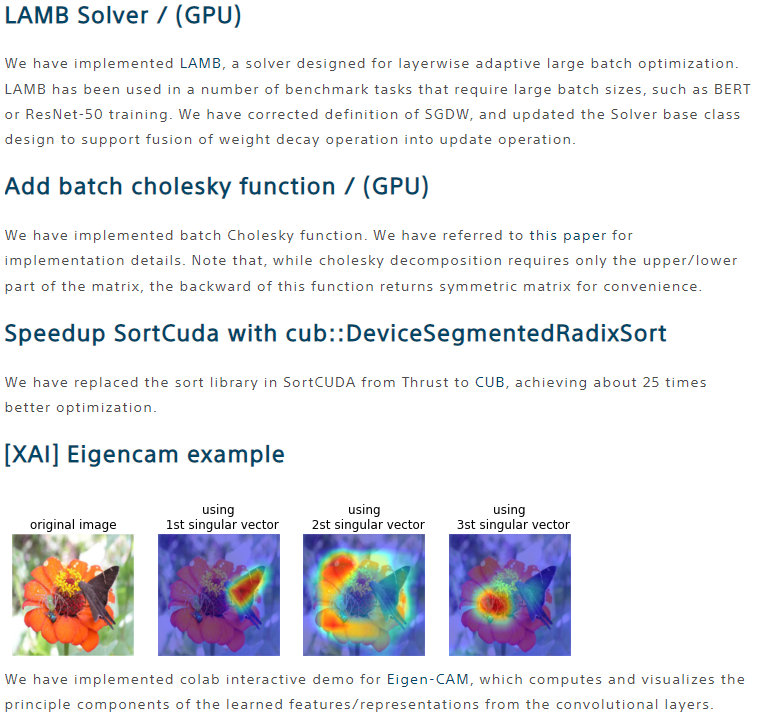 NNC_NNL's tweet photo. We have released Neural Network Libraries v1.27.0!
We have added a new solver LAMB for large-scale training, as well as an interactive demo for Eigen-CAM!
https://t.co/EBJoA5I5q9
#sony
#neuralnetworklibraries https://t.co/IuhAq41ZL0