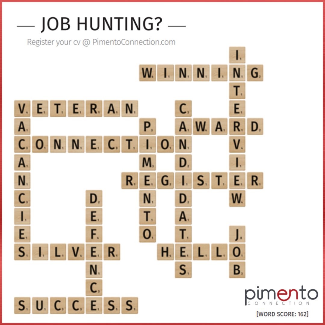 pimento_connect's tweet photo. It is #nationalscrabbleday today: Do you have high scoring words on your CV?
#hellopimento #registerCV #helloCV #candidates #veterans #veterancommunity #jobhunting #veteranconnection #vacancies #SBS
https://t.co/zq5SDIGzOj https://t.co/6yFCnki4Bn