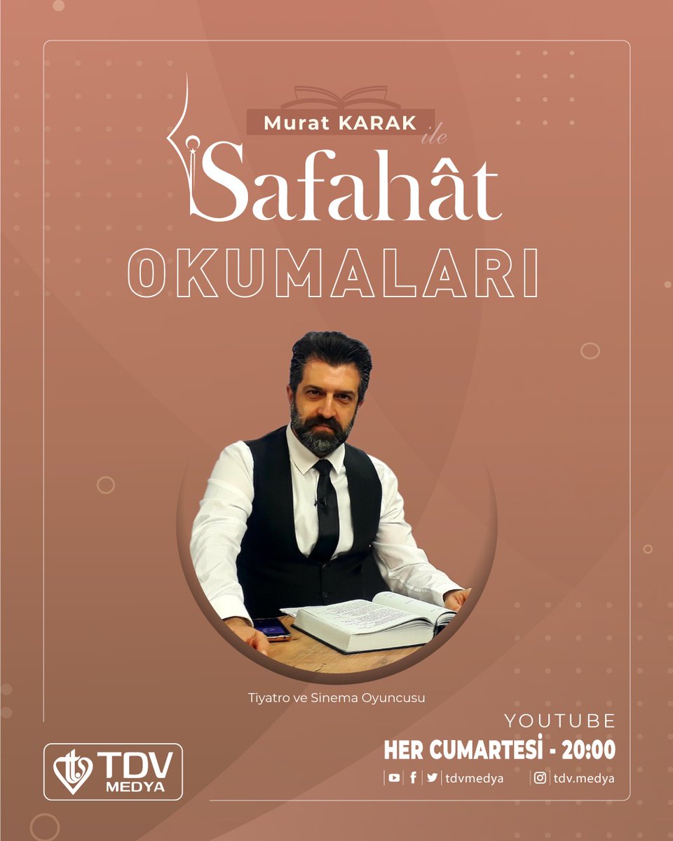 tdvmedya's tweet photo. #Tiyatro ve #Sinema #Oyuncusu #MuratKarak‘ın hazırladığı #SafahatOkumaları başlıklı programımızda  #MehmetAkifErsoy‘un #Safahat‘tan şiirlerini birlikte okuyacak, dönemin tarihi ve sosyal dokusuna temas edeceğiz. 

🗓 23 Nisan 2022 Cumartesi
⏰ 20.00
📡 #TDVMedya Youtube Kanalı https://t.co/RUxDY0vC5G