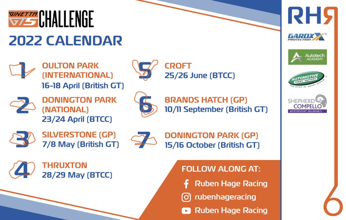 HageRuben's tweet photo. Here's the full calendar for the 2022 Ginetta GT5 Challenge season! I can't wait to get stuck in at Oulton Park this weekend 🤩

#rubenhageracing #ginettagt5challenge #ginetta #motorsport #racing #britishgt2022 https://t.co/CcnZr5coQ8