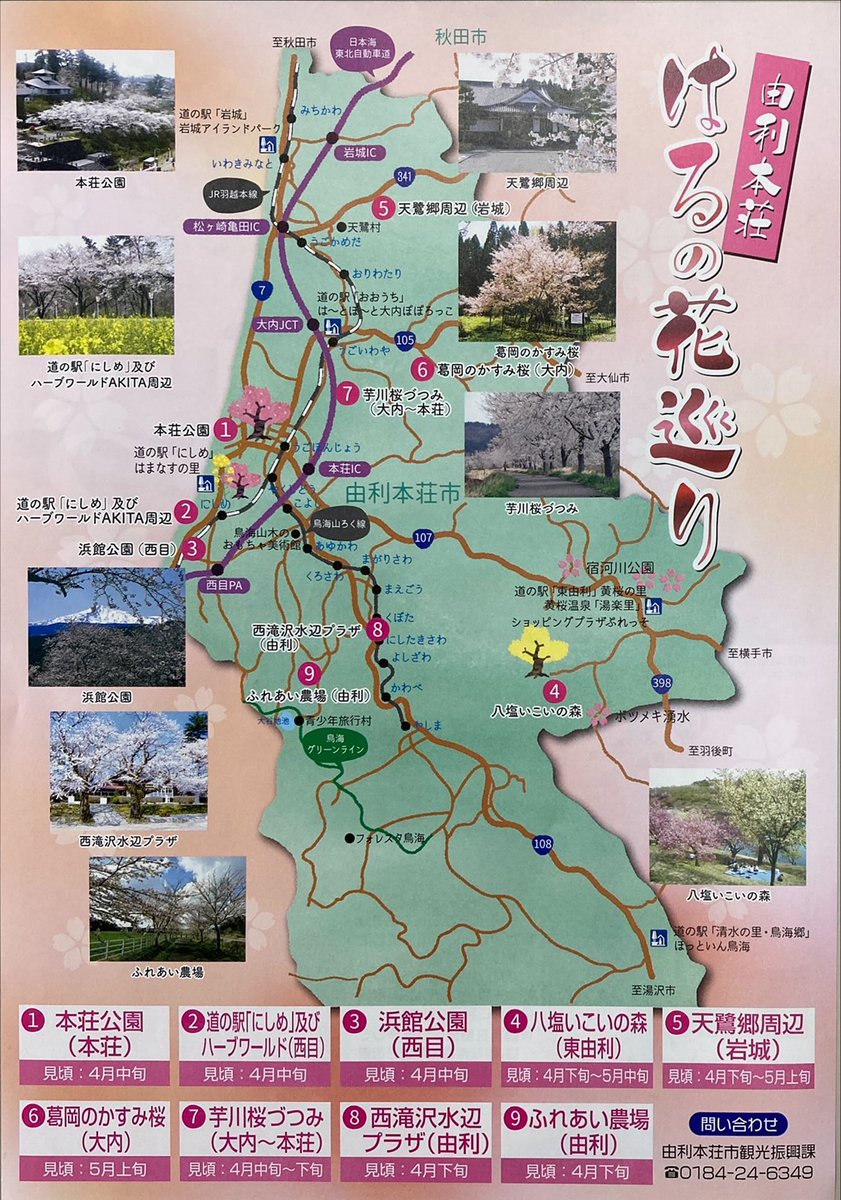 【芋川桜づつみ 臨時駐車場設置】
・設置期間:4/16～4/24
・設置場所:由利本荘市米坂字家ノ前215-8(あぐりいん株式会社敷地内)
10台分の区画を設けますので、区画内にご駐車ください。
また、仮説トイレ1台と駐車場から桜づつみへの通路にスロープを設置します。
詳しくは市のHPをご覧下さい。