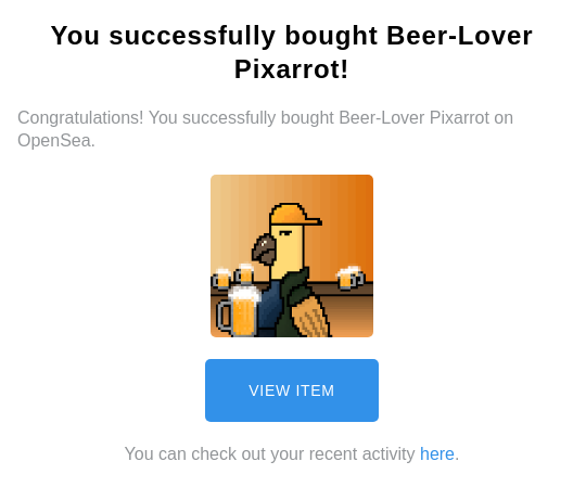Yesterday I bought this beautiful Beer lover <a href="/pixarrots/">Pixarrots NFT</a> NFT. You wouldn't think that BroKaci would miss an item that is created for him, right? ;)

#NFT #NFTCommunity #nftbuyer