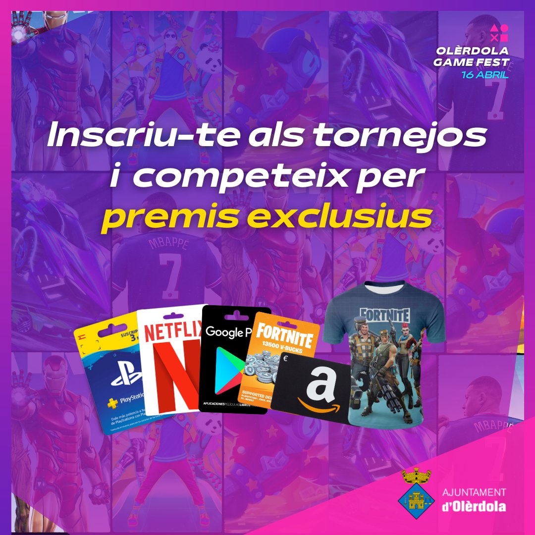 🎮A la “Game Fest” d’Olèrdola  podràs obtenir premis exclusius

💻Inscriu-te gratuïtament als tornejos a logrodesbloqueado.com

📅Recorda, la festa dels videojocs t'espera aquest dissabte 16 d'abril

🕓De 16:00 a 23:00h

📍Al Local Rossend Montané de Sant Miquel