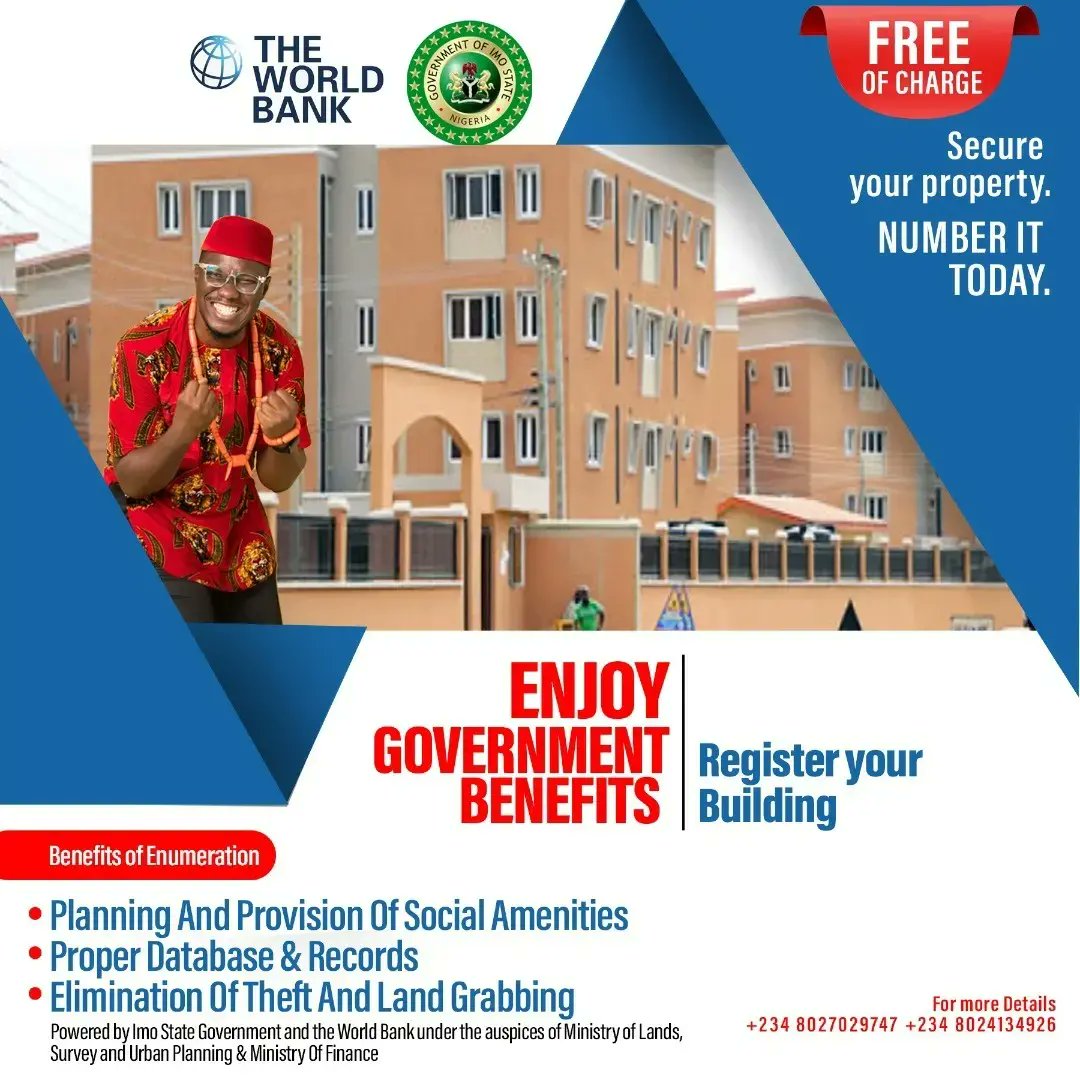 ImcomStrat's tweet photo. Get your Buildings Enumerated,enjoy the Dividends of Democracy.
Nomba ya buildings, Na ya right to social Amenities
#imostate #sftas #worldbank #hopeuzodimma #anyinwerehope #hopeforimo #imolites #3rmantra https://t.co/XyPgAwp6re