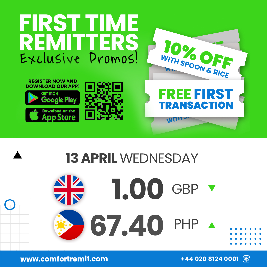 Wednesday | 13 April 2022 | GBP 1.00 = PHP 67.40 FIRST TIME REMITTERS EXCLUSIVE PROMOS! Remit anytime, anywhere with #ComfortRemit to get your FREE FIRST TRANSACTION or GET 10% OFF on one (1) #spoonandrice main dish when you register and remit with us. #wednesdaythought