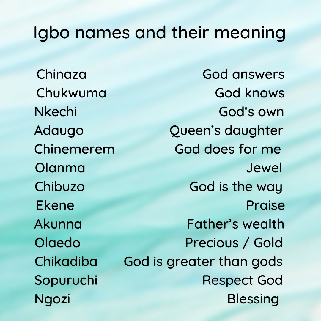 igbolitesusa's tweet photo. Tell us which of these names that you didn’t know the meaning before now. #igboamaka #igboculture #igbokwenu #igbosindiaspora #igbo #umuigbo #umuigbounite #ndiigbo #igbotutor #igbolearning https://t.co/xOY3bH0axb