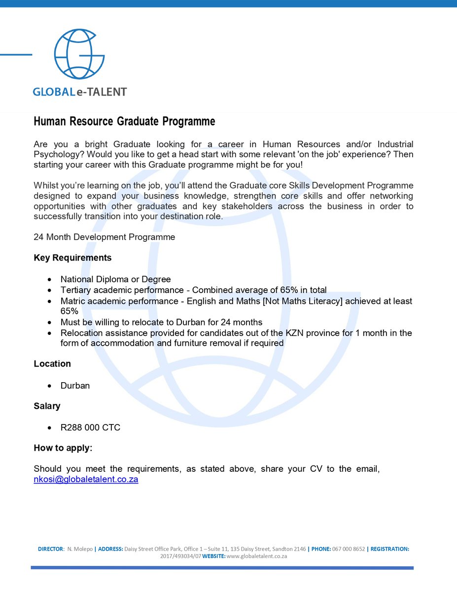 Human Resource Graduate Programme
#Jobadvertisement #HR #EmployementOpportunities