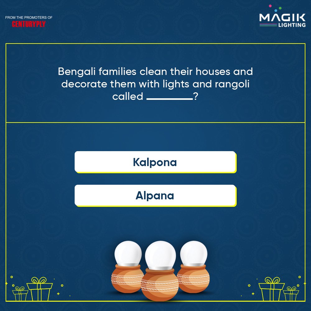 MagikLighting's tweet photo. Let the colours of lights and rangoli brighten up your houses.
Stand a chance to exciting gifts by participating in this quiz.
Let’s get playing. Check out the rules to participate.
#Quiz #quiztime #MagikalNewYear #PoilaBoishakh #NewYear #MagikLighting #MagikLED #bengalinewyear https://t.co/Qvn6jQz2Kj