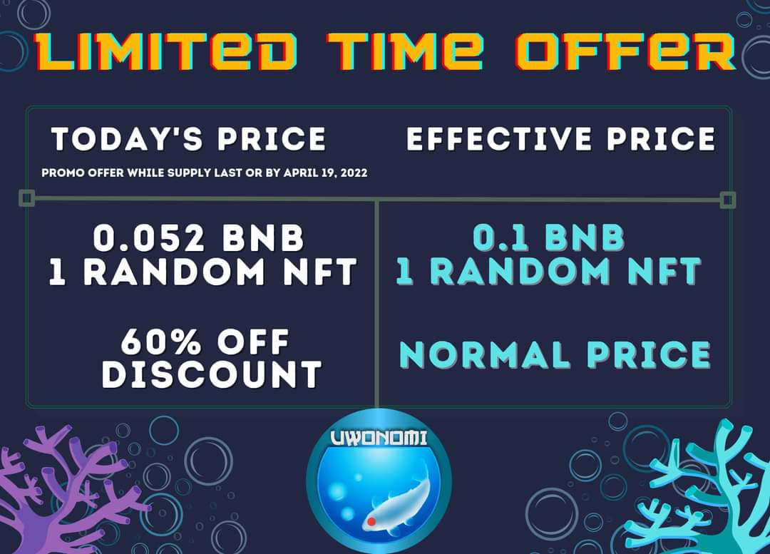 Uwonomi's tweet photo. GRAB OUR LIMITED OFFER NOW

OUR 60% NFT SALE ONGOING UNTIL APRIL 19

1 RAADOM NFT =  NORMAL PRICE  0.1 BNB  
   
1 RANDOM NFT =  60% OFF DISCOUNT  0.052 BNB https://t.co/GPROwXr3jR