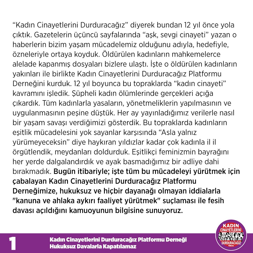 KadinCinayeti's tweet photo. Tüm kamuoyunu derneğimize açılan kapatma davasına karşı mücadelemizi sahiplenmeye çağırıyoruz.

Asla Yalnız Yürümeyeceğiz
#KadınCinayetleriniDurduracağız https://t.co/3wF0d9S1T6