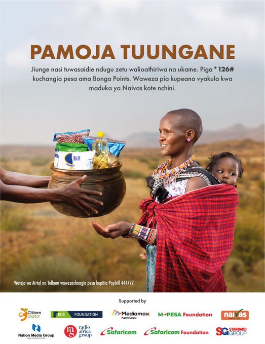 Tough times are never meant to last but people's unity should. Let's come together & support our fellow countrymen who are affected by prolonged droughts. You can donate food,Cash or Bonga points.
Dial *126# or use Paybill 444777. #PamojaTuungane @SafaricomPLC 
#BongaForFood
